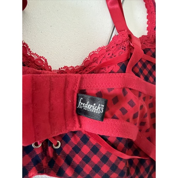 Fredricks of Hollywood Bra Red Gingham 40DD Lace up Black Front Bra Padded - Picture 5 of 10